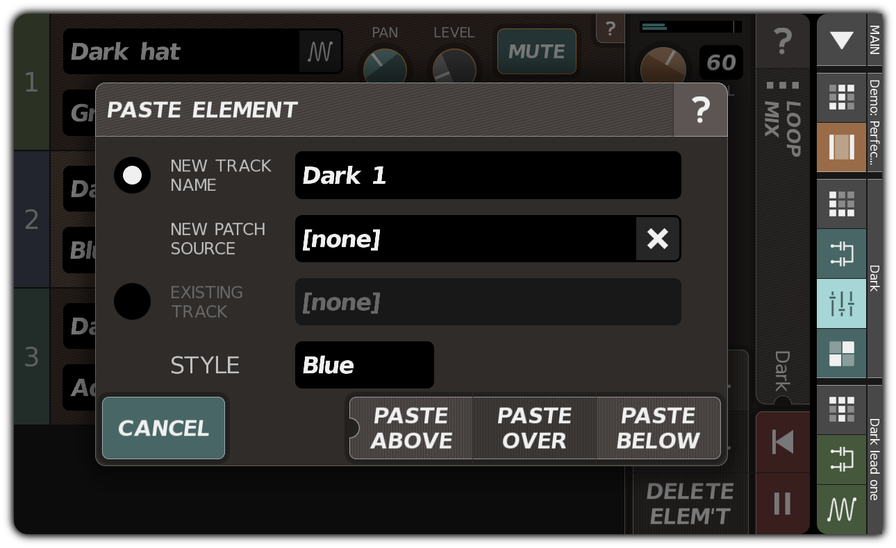 Adding a loop element with the PASTE ELEMENT dialog